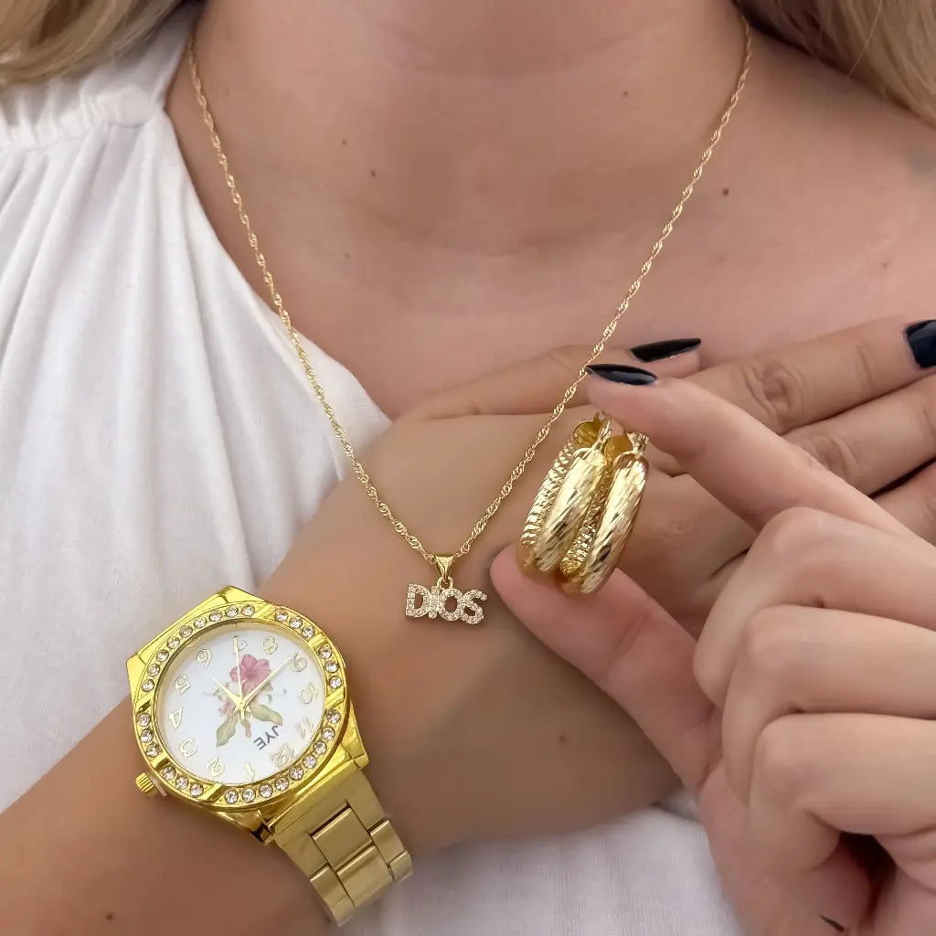 Cadena Tejido Singapur de Dama de 45cm + Dije de Dios Protección + Candongas Tubular Tallada en oro Laminado 18k + Reloj de Dama JYE de Alta Calidad