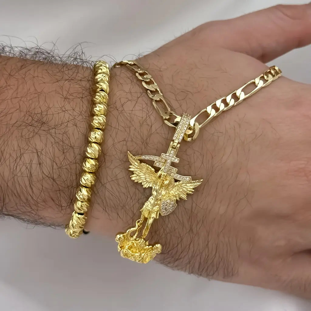 Cadena Tejido Catier de 60cm de 5mm de Grosor + San Miguel Arcángel Protección + Pulseras full balines de 5mm de Grosor en Oro Laminado 18k con Garantia de por vida