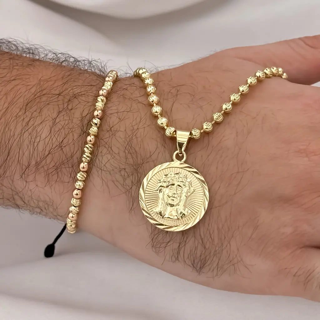Cadena Tejido Militar de 60cm de 4mm de Grosor + Dije de Rostro de Jesus + Pulsera Italiano en Oro Laminado 18k con Garantia de po vida
