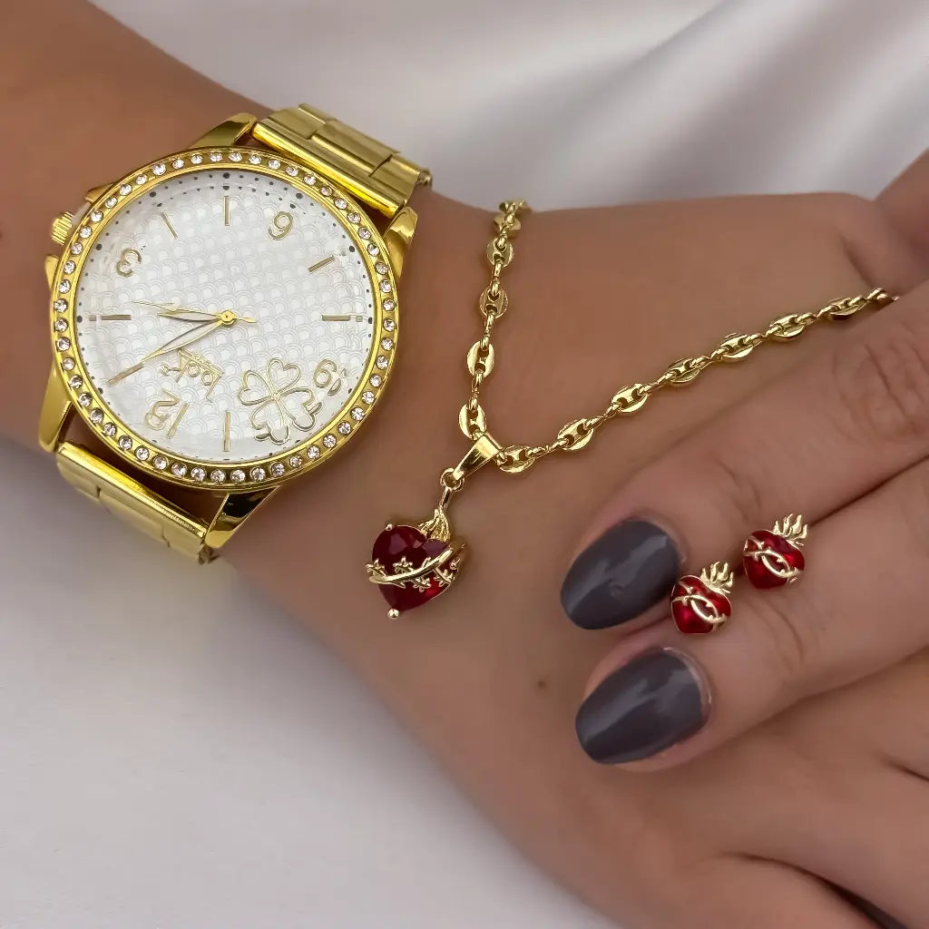 Juego de Corazon de jesus + Topos de Corazon de jesus con Cadena Tejido Gucci en Oro Laminado 18k con Garantía + Reloj de Dama de Alta Calidad