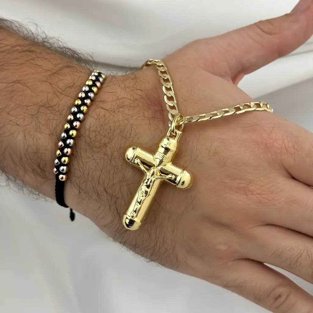 Juego de Cadena Cubana 60cm -5mm de Grosor + Cristo madero Proteccion + Pulsera Doble Carril Balin 4mm en Oro Laminado 18k con Garantia de por vida