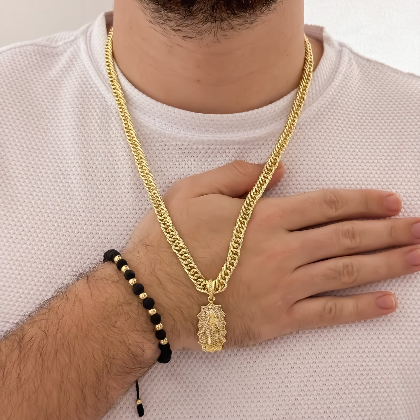 Cadena  Tejido Cubana Continua Gruesa de  60CM DE 5MM  + Virgen de Guadalupe Tallada con Micro Circones