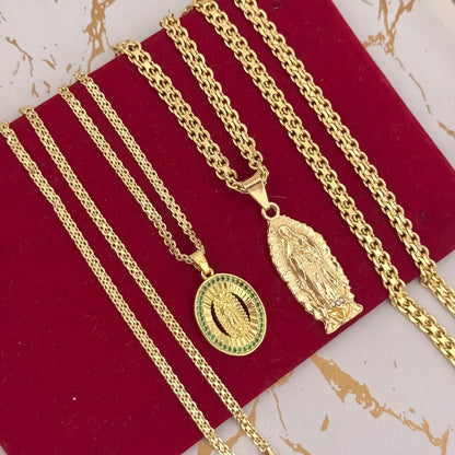 Promocion de Cadenas Para Parejas en Tejido Chino de Dama de 45cm + Hombre de 60cm con Dije de  Virgen de Guadalupe Tallada en Oro Laminado 18k con Garantía de por vida