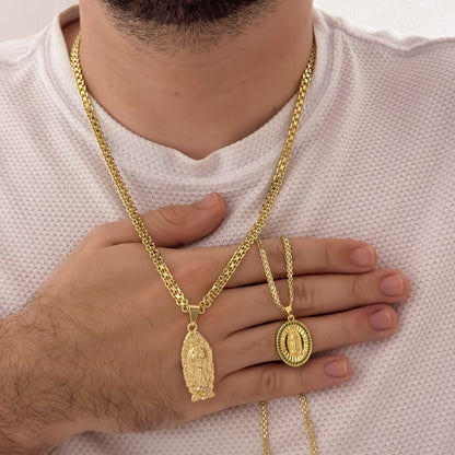 Promocion de Cadenas Para Parejas en Tejido Chino de Dama de 45cm + Hombre de 60cm con Dije de  Virgen de Guadalupe Tallada en Oro Laminado 18k con Garantía de por vida