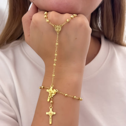 Rosario de San Benito Protección  para Dama de 45cm en Balin Diamantado de 5mm + Denario de San Benito en Oro Laminado 18k con Garantia de por vida