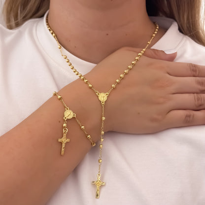 Rosario de San Benito Protección  para Dama de 45cm en Balin Diamantado de 5mm + Denario de San Benito en Oro Laminado 18k con Garantia de por vida