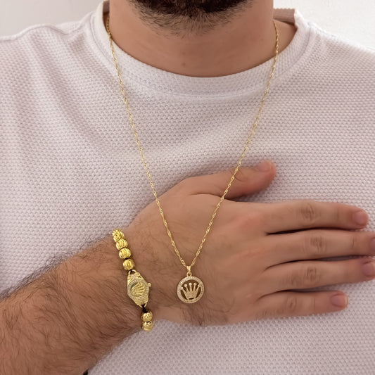 Cadena Lazo Delgado de 60cm de 2mm + Corona Rolex con Micro Circones Cristales + Pulseras balin Italiano de 8mm en Oro Laminado 18k con Garantia de por vida