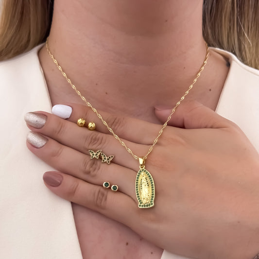 Conjunto Para Dama Cadena Tejido Catier de 45cm + Virgen de Guadalupe Verde + Trio de Topos  Topo Balin , Mariposa Verde y Topos Verde Esmeralda en Oro Laminado 18k con Garantía de por vida