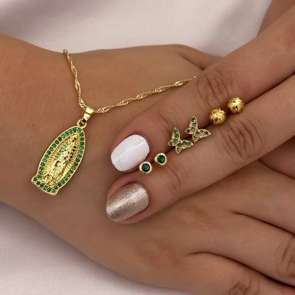 Conjunto Para Dama Cadena Tejido Catier de 45cm + Virgen de Guadalupe Verde + Trio de Topos  Topo Balin , Mariposa Verde y Topos Verde Esmeralda en Oro Laminado 18k con Garantía de por vida