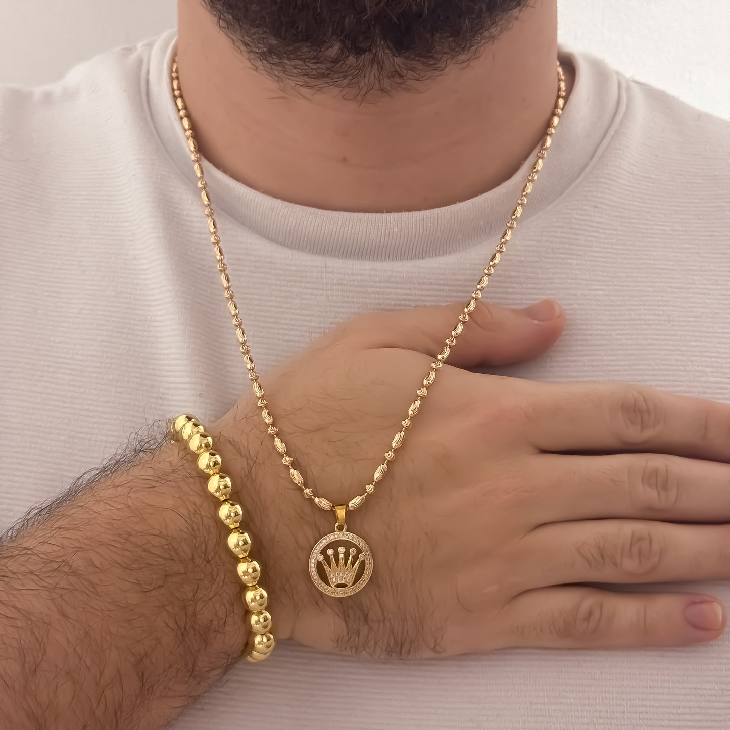 Cadena Tejido MIlitar Frijol Diamantado de 60cm de 3mm + Corona Rolex con Micro Circones Cristales + Pulsera Balin Liso de 8mm Liso en Oro Laminado 18k con Garantia de por vida