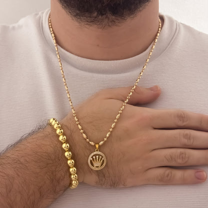 Cadena Tejido MIlitar Frijol Diamantado de 60cm de 3mm + Corona Rolex con Micro Circones Cristales + Pulsera Balin Liso de 8mm Liso en Oro Laminado 18k con Garantia de por vida