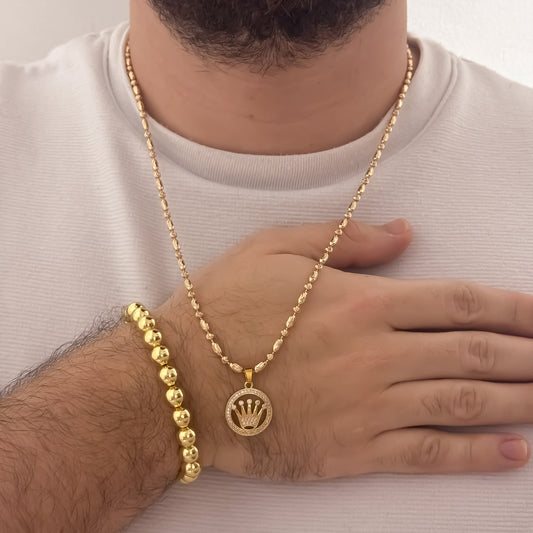 Cadena Tejido MIlitar Frijol Diamantado de 60cm de 3mm + Corona Rolex con Micro Circones Cristales + Pulsera Balin Liso de 8mm Liso en Oro Laminado 18k con Garantia de por vida