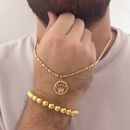 Cadena Tejido MIlitar Frijol Diamantado de 60cm de 3mm + Corona Rolex con Micro Circones Cristales + Pulsera Balin Liso de 8mm Liso en Oro Laminado 18k con Garantia de por vida