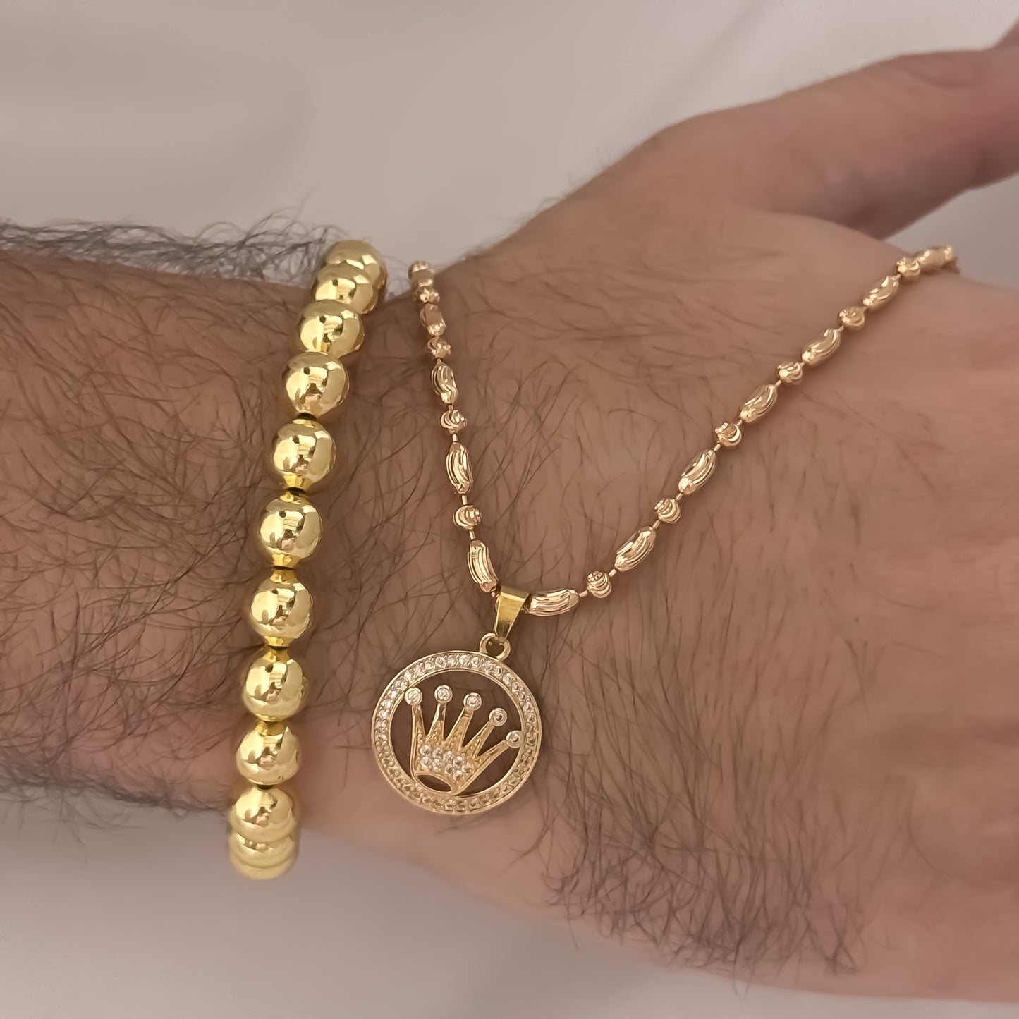 Cadena Tejido MIlitar Frijol Diamantado de 60cm de 3mm + Corona Rolex con Micro Circones Cristales + Pulsera Balin Liso de 8mm Liso en Oro Laminado 18k con Garantia de por vida