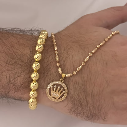 Cadena Tejido MIlitar Frijol Diamantado de 60cm de 3mm + Corona Rolex con Micro Circones Cristales + Pulsera Balin Liso de 8mm Liso en Oro Laminado 18k con Garantia de por vida