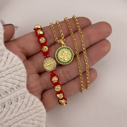 Cadena Tejido Aros de Dama de 45cm + San Benito Proteccion Verde Esmeralda + Pulsera Hilo Rojo de San Benito  Proteccion en Balin Italiano en Oro Laminado 18k con Garantia de por vida