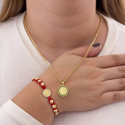 Cadena Tejido Aros de Dama de 45cm + San Benito Proteccion Verde Esmeralda + Pulsera Hilo Rojo de San Benito  Proteccion en Balin Italiano en Oro Laminado 18k con Garantia de por vida