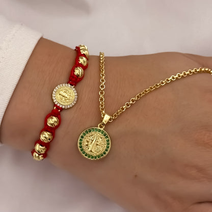 Cadena Tejido Aros de Dama de 45cm + San Benito Proteccion Verde Esmeralda + Pulsera Hilo Rojo de San Benito  Proteccion en Balin Italiano en Oro Laminado 18k con Garantia de por vida