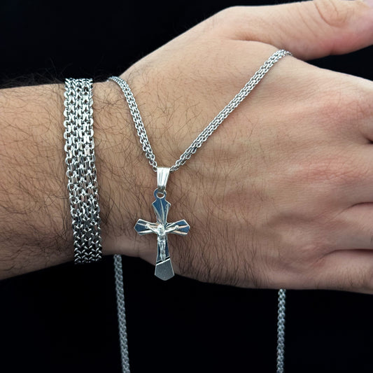 Cadena Tejido Chino de 60cm de 3mm + Cruz Cristo Madero + Pulsera China  Gruesa de 20cm de 6mm en PLATA 925 GARANTIZADA