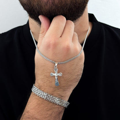 Cadena Tejido Chino de 60cm de 3mm + Cruz Cristo Madero + Pulsera China  Gruesa de 20cm de 6mm en PLATA 925 GARANTIZADA