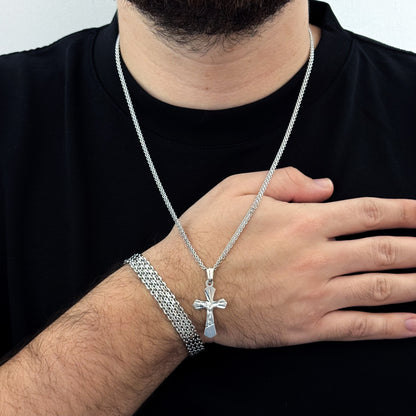Cadena Tejido Chino de 60cm de 3mm + Cruz Cristo Madero + Pulsera China  Gruesa de 20cm de 6mm en PLATA 925 GARANTIZADA