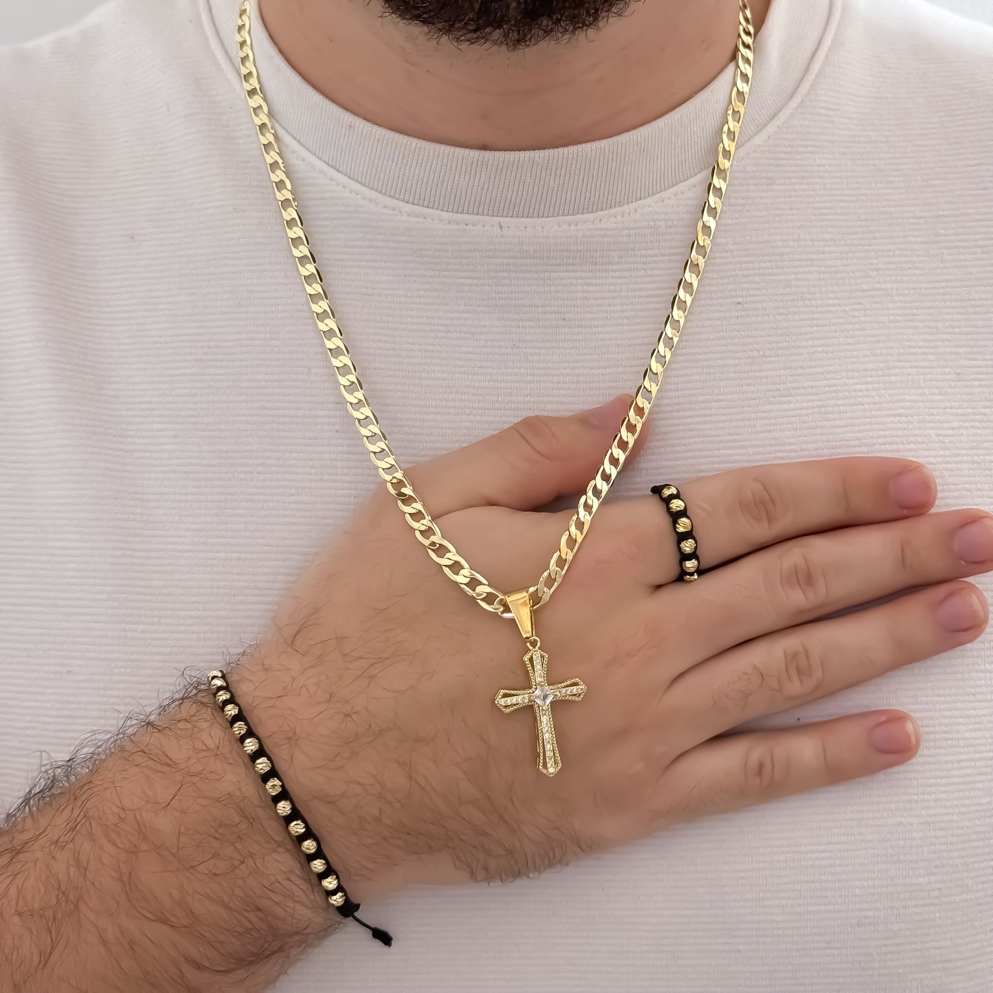 Cadena Tejido Cubana de Hombre de 60cm de 5mm de Grosor + Cruz Trébol de Micro Circones + Juego de Pulsera Tejida  balin italiano + Anillo Tejido Ajustable   de 4mm de Grosor  en Oro Laminado 18k con Garantia de por vida