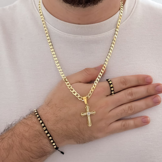 Cadena Tejido Cubana de Hombre de 60cm de 5mm de Grosor + Cruz Trébol de Micro Circones + Juego de Pulsera Tejida  balin italiano + Anillo Tejido Ajustable   de 4mm de Grosor  en Oro Laminado 18k con Garantia de por vida