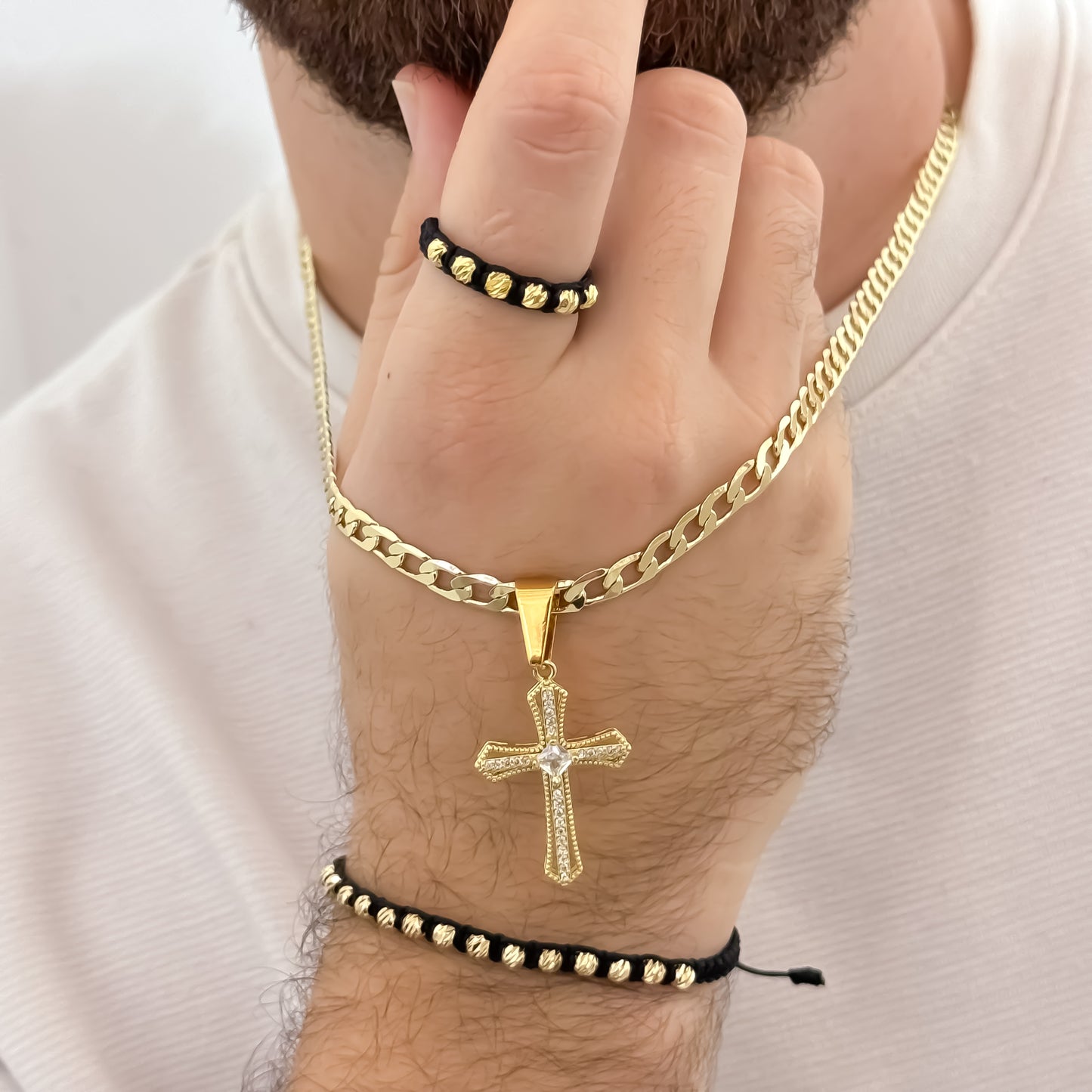Cadena Tejido Cubana de Hombre de 60cm de 5mm de Grosor + Cruz Trébol de Micro Circones + Juego de Pulsera Tejida  balin italiano + Anillo Tejido Ajustable   de 4mm de Grosor  en Oro Laminado 18k con Garantia de por vida