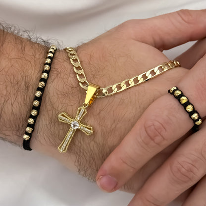 Cadena Tejido Cubana de Hombre de 60cm de 5mm de Grosor + Cruz Trébol de Micro Circones + Juego de Pulsera Tejida  balin italiano + Anillo Tejido Ajustable   de 4mm de Grosor  en Oro Laminado 18k con Garantia de por vida