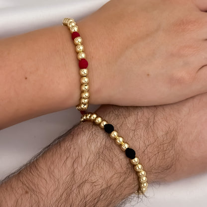 Promoción de Pulseras  para Parejas en Balin de 6mm Liso con neopreno Rojo o Negro en Oro Laminado 18k con Garantia de por vida