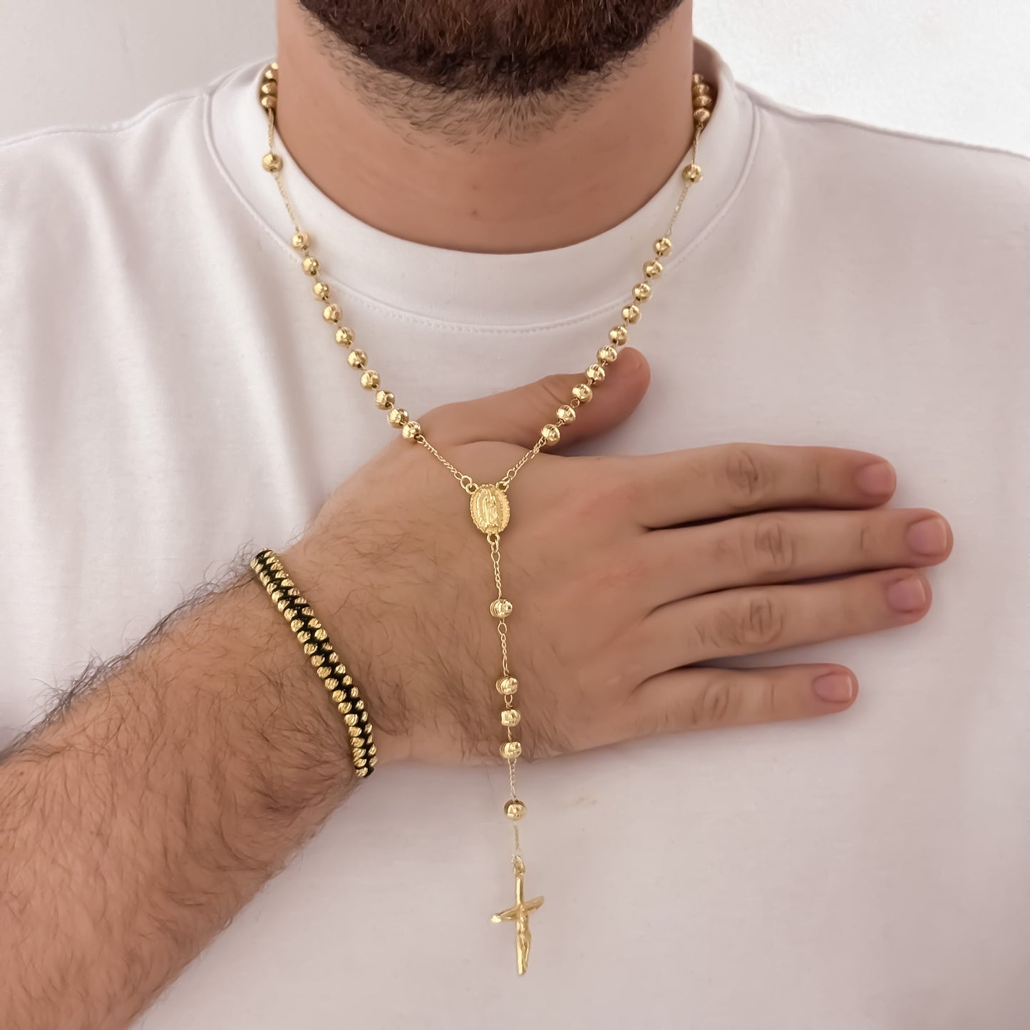 Camandula de Virgen de Guadalupe en Balin Italiano de 6mm + Pulsera Tejida Balin Italiano de 4mm en Oro Laminado 18k con Garantia de por vida