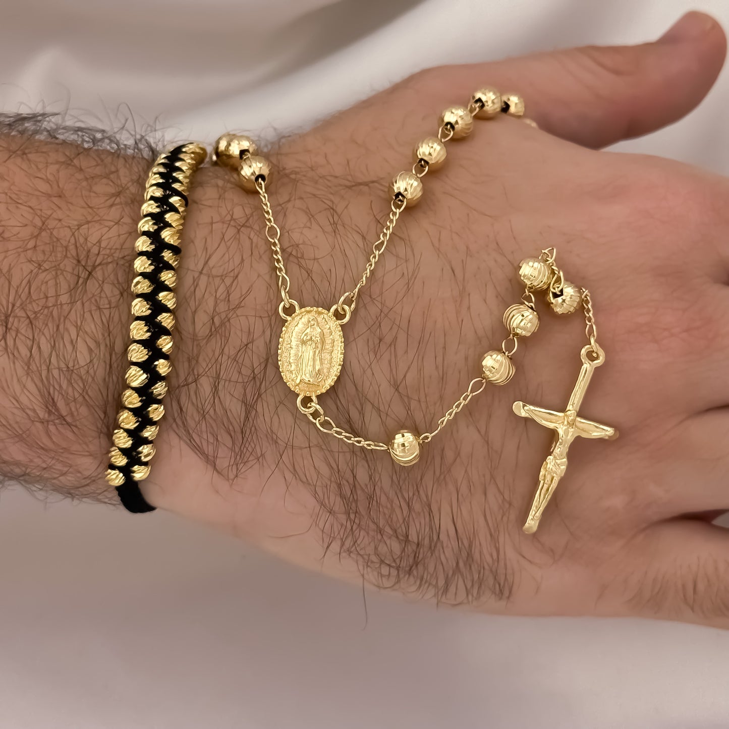 Camandula de Virgen de Guadalupe en Balin Italiano de 6mm + Pulsera Tejida Balin Italiano de 4mm en Oro Laminado 18k con Garantia de por vida