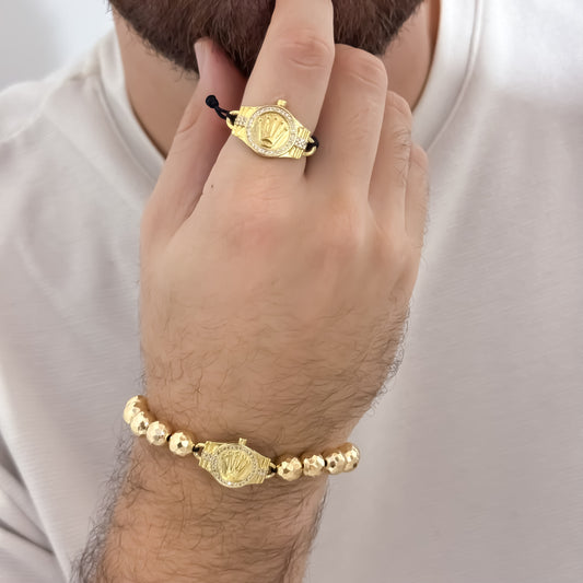 Juego de Pulsera Balin Discotequero  con Dije de corona Rolex + Anillo Tejido Corona Rolex en Oro Laminado 18k con Garantia de por vida mismo color de Oro de 18k