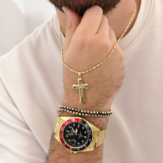 Cadena Tejido Paliyo Diamanatado de 60cm de 2mm + Cruz con Micro Circones + Pulsera Doble de 3 Oros en balin italiano en Oro Laminado 18k con Garantía de por  vida mismo color de oro de 18k