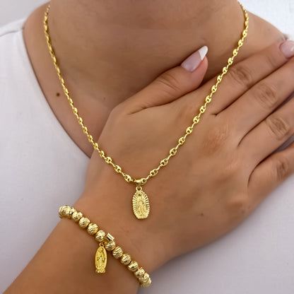 Cadena Tejido Gucci de Dama de 45cm de 3mm de Grosor + Dije de Guadalupe Tallada + Pulsera Tejida en Balin italiano de 6mm con Virgen de Guadalupe Tallada
