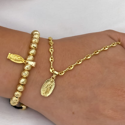Cadena Tejido Gucci de Dama de 45cm de 3mm de Grosor + Dije de Guadalupe Tallada + Pulsera Tejida en Balin italiano de 6mm con Virgen de Guadalupe Tallada