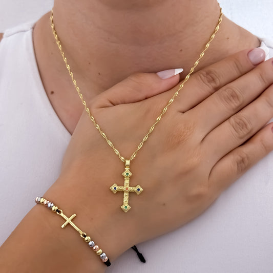 Conjunto Cruz Cadena Singapur de Dama de 45cm + Cruz micro circones de Colores + Pulsera Cruz de 3 oros Amuleto Protector en Oro Laminado 18k con Garantía de por vida mismo color de Oro de 18k