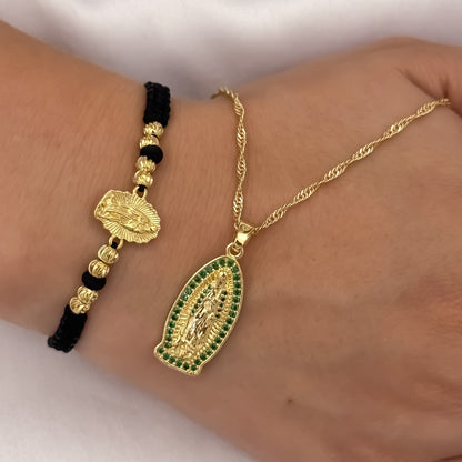 Cadena Tejido Singapur de Dama de 45cm + Virgen de Guadalupe Tallada con Micro Circones Cristales Verde  + Pulseras Virgen de Guadalupe Tallada Balin Italiano de 4mm en Oro Laminado 18k con Garantia de por vida