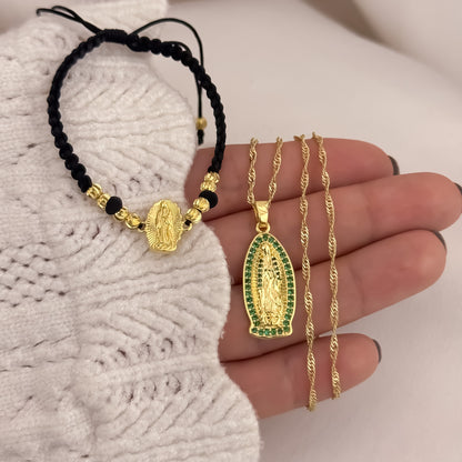 Cadena Tejido Singapur de Dama de 45cm + Virgen de Guadalupe Tallada con Micro Circones Cristales Verde  + Pulseras Virgen de Guadalupe Tallada Balin Italiano de 4mm en Oro Laminado 18k con Garantia de por vida