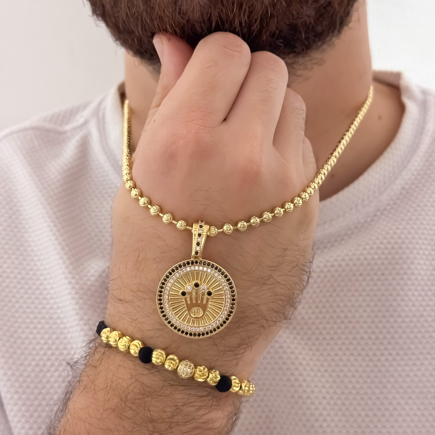 Cadena Tejido Militar Diamantada de 60cm de 4mm + Corona Rolex con Micro Circones + Pulsera Diamanata 6mm y Bola de Juego en Oro Laminado 18k con Garantia de por vida