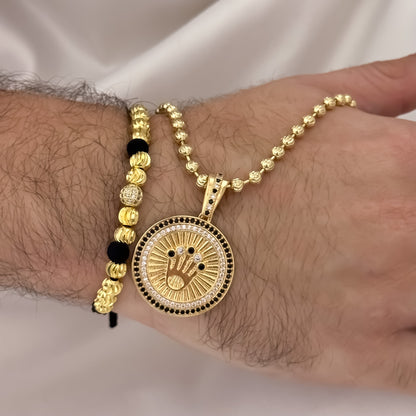 Cadena Tejido Militar Diamantada de 60cm de 4mm + Corona Rolex con Micro Circones + Pulsera Diamanata 6mm y Bola de Juego en Oro Laminado 18k con Garantia de por vida