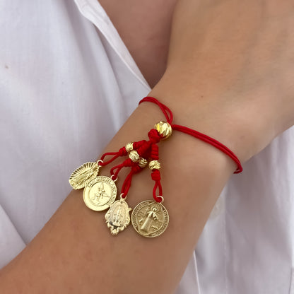 Pulsera en Hilo Rojo de Protección Divina 4 Poderes Edición Semana Santa en Oro Laminado 18k con Garantia de por vida mismo color de oro de 18k