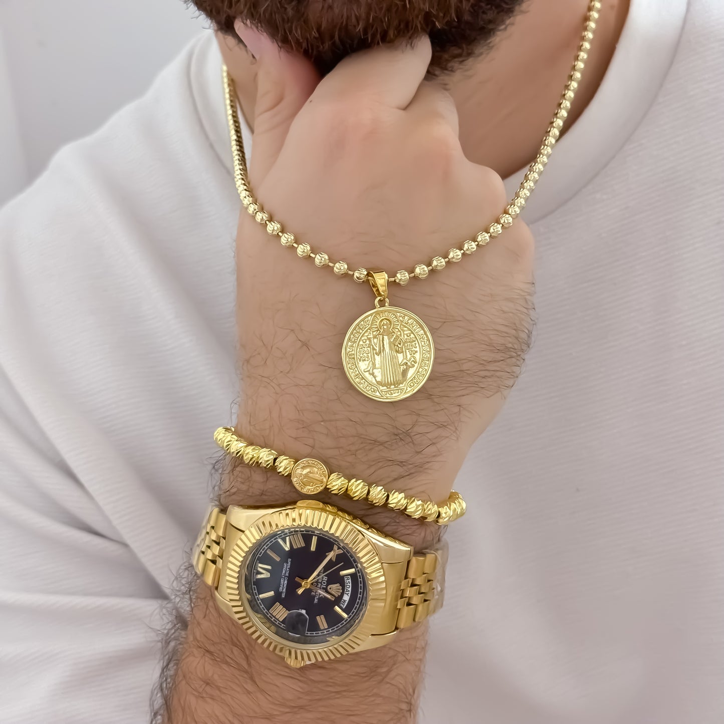 Cadena Tejido Militar 60cm de 4mm de Grosor Balin Diamantado + San Benito Protección + Pulsera Italiano en Oro Laminado 18k con Garantía de por vida + Reloj Rolex de  calidad 1.1 con Garantia