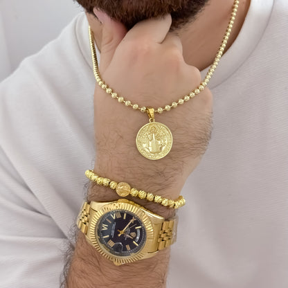 Cadena Tejido Militar 60cm de 4mm de Grosor Balin Diamantado + San Benito Protección + Pulsera Italiano en Oro Laminado 18k con Garantía de por vida + Reloj Rolex de  calidad 1.1 con Garantia