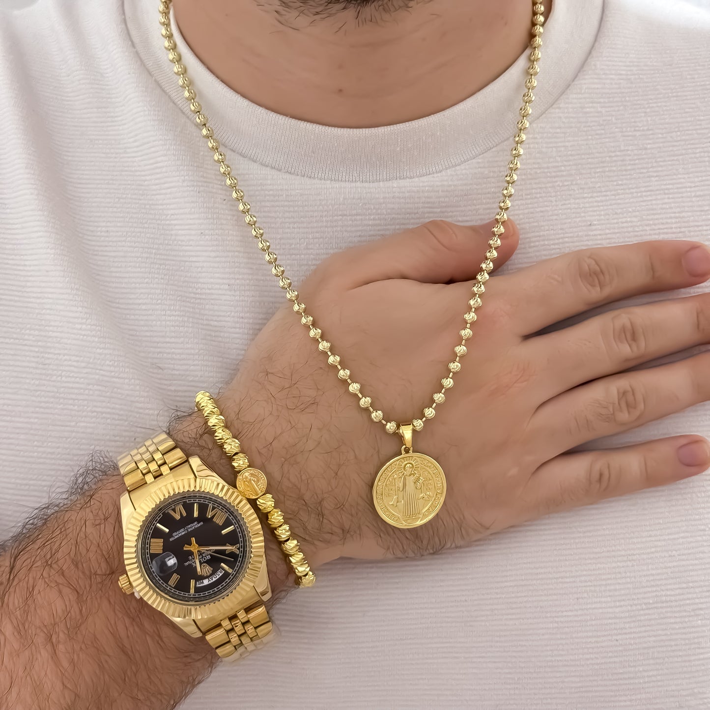 Cadena Tejido Militar 60cm de 4mm de Grosor Balin Diamantado + San Benito Protección + Pulsera Italiano en Oro Laminado 18k con Garantía de por vida + Reloj Rolex de  calidad 1.1 con Garantia