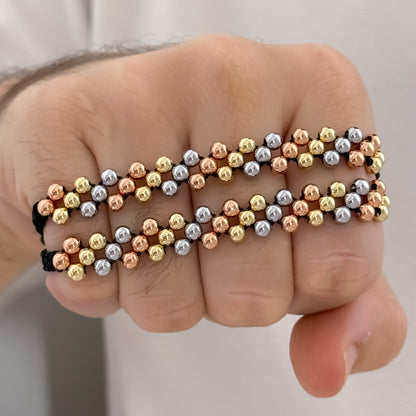 Par de Pulseras Para Parejas 3 Carriles en Balin Liso 4mm de 3 Oros Tipo Oro de 18k su Labrado en Oro Laminado 18k con Garantía  de por vida