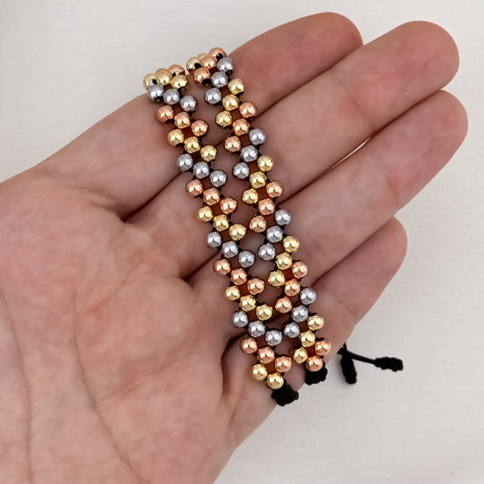 Par de Pulseras Para Parejas 3 Carriles en Balin Liso 4mm de 3 Oros Tipo Oro de 18k su Labrado en Oro Laminado 18k con Garantía  de por vida