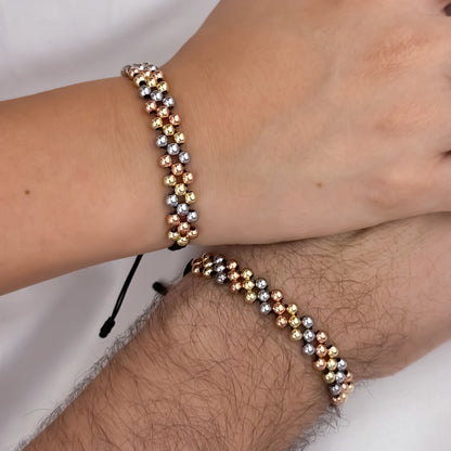Par de Pulseras Para Parejas 3 Carriles en Balin Liso 4mm de 3 Oros Tipo Oro de 18k su Labrado en Oro Laminado 18k con Garantía  de por vida