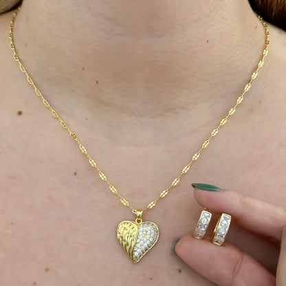 Cadena Tejido Crispeta + Corazon Micro circones + Canfonas con Micro Circones en Oro Laminado 18k con Garantía de por vida