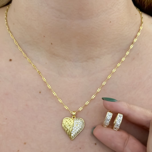 Cadena Tejido Crispeta + Corazon Micro circones + Canfonas con Micro Circones en Oro Laminado 18k con Garantía de por vida